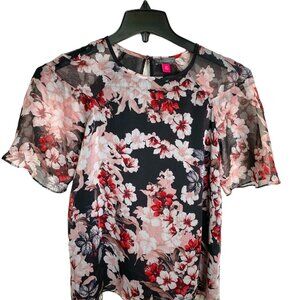Vince Camuto Black Floral Sheer Blouse with Flutter Sleeves Size XXS Dark Fairy